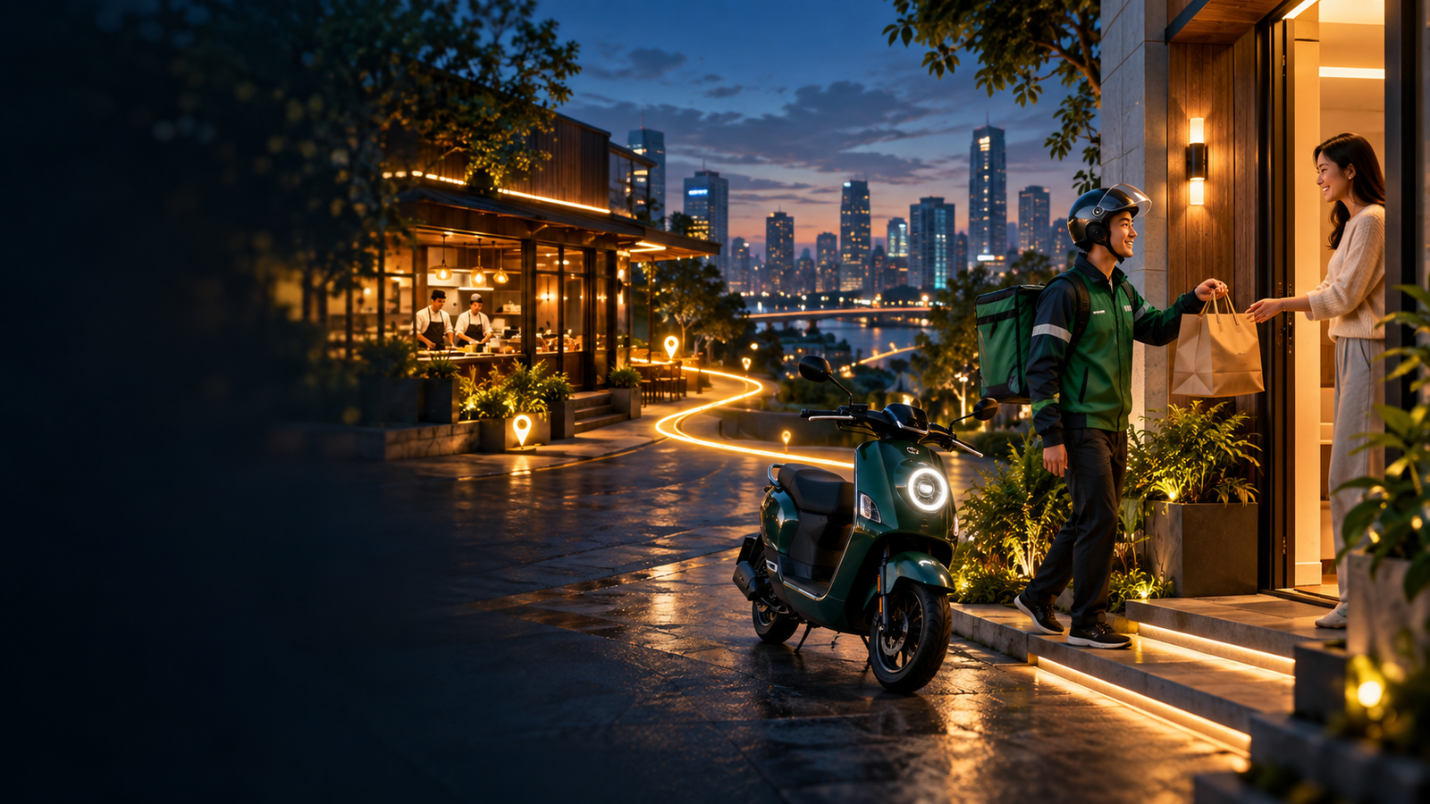 A DineQube delivery rider on a scooter handing a food parcel to a customer outside her home