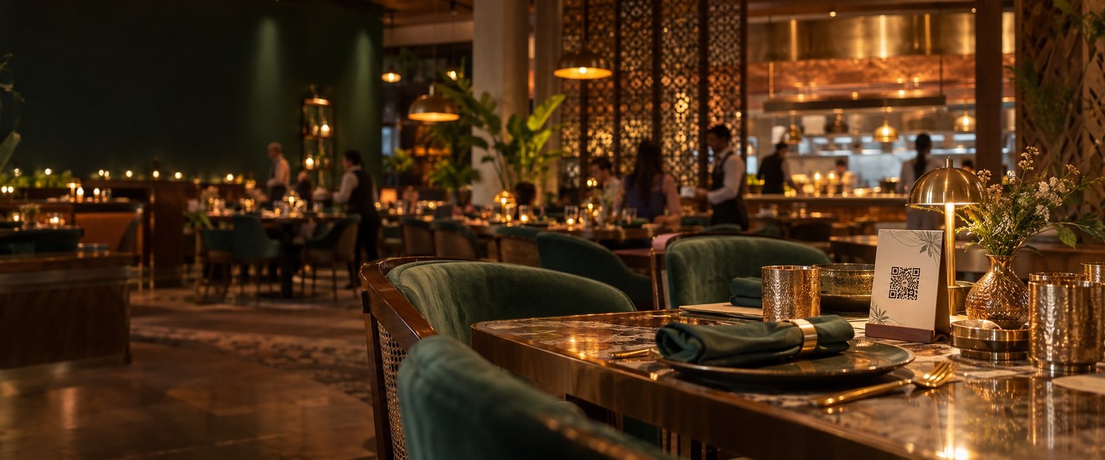 Restaurant table with a QR menu during evening service